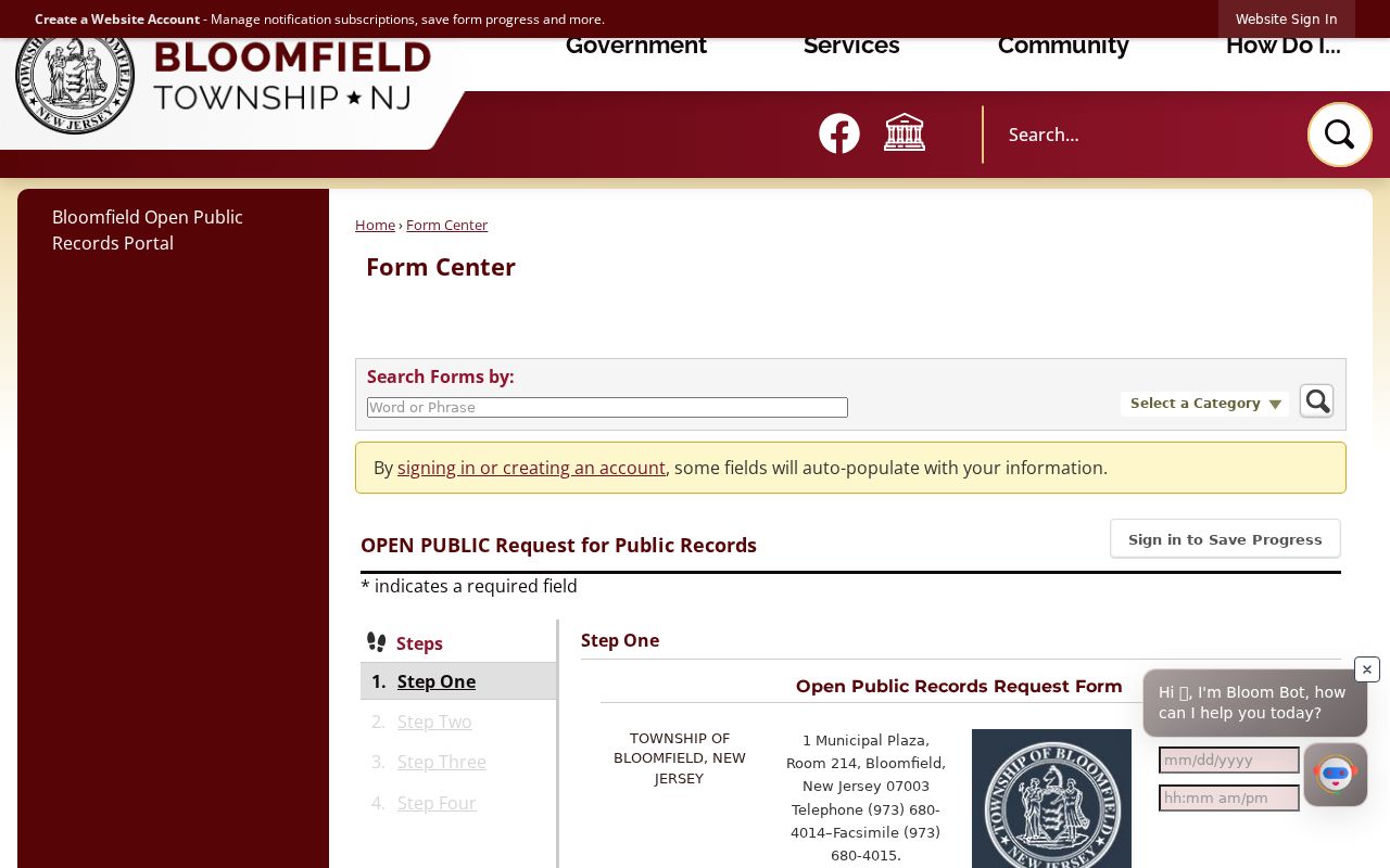 Bloomfield residents directory OPRA public records request form