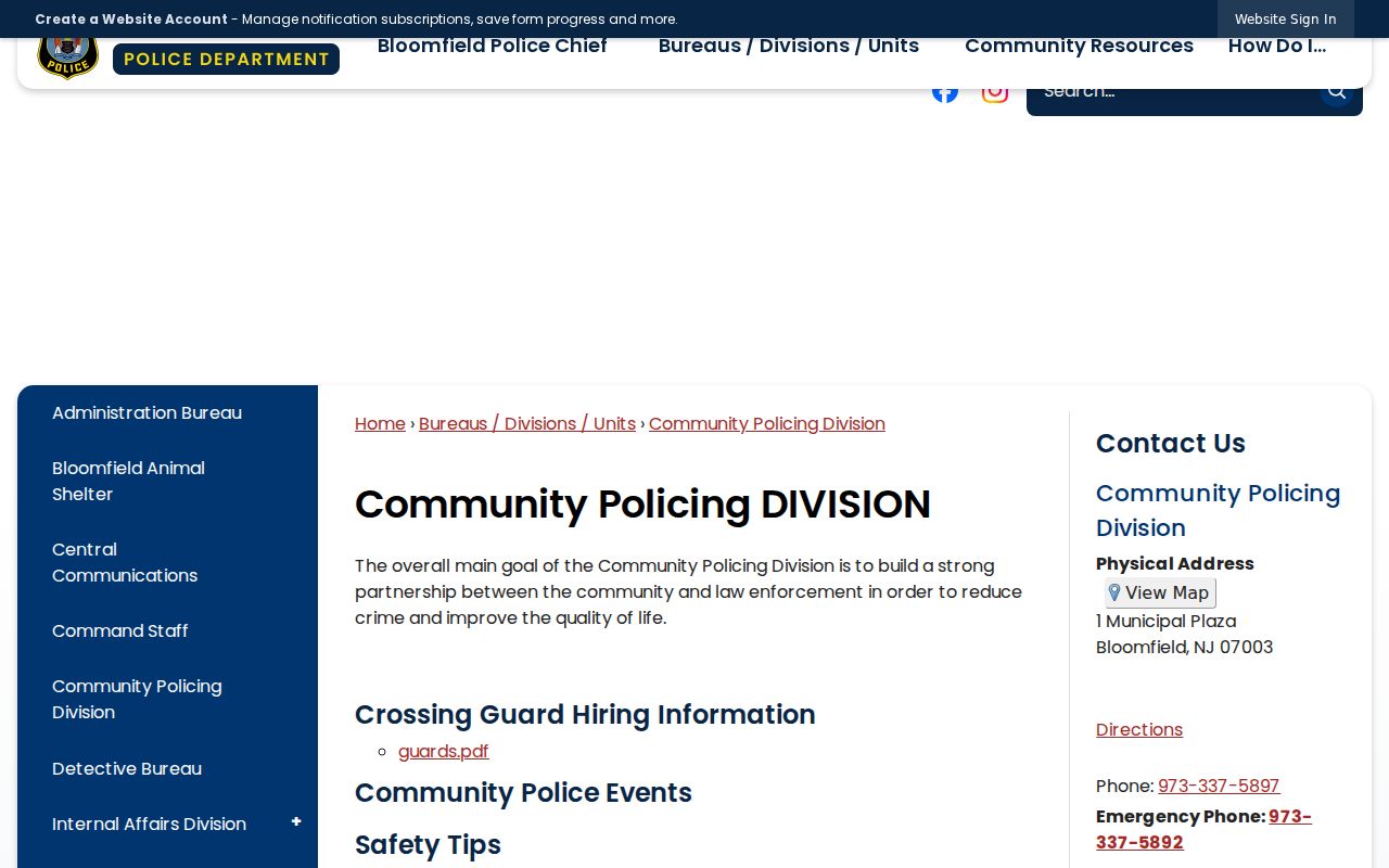 Bloomfield neighbors Community Policing and Neighborhood Watch information