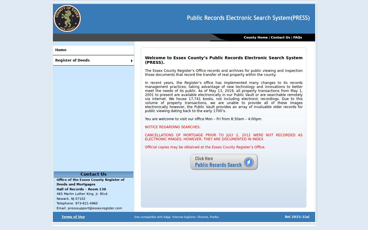 Bloomfield previous residents Essex County Register deed search homepage
