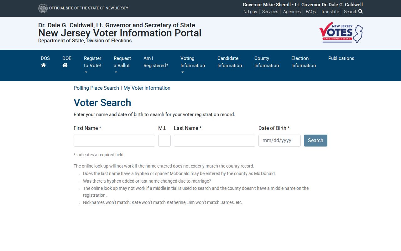 Bloomfield resident lookup using the New Jersey voter registration status service