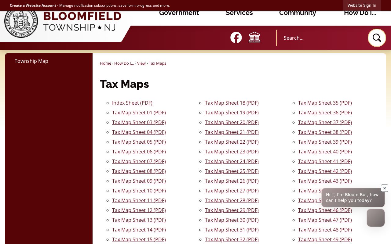Bloomfield ZIP code directory official tax map index